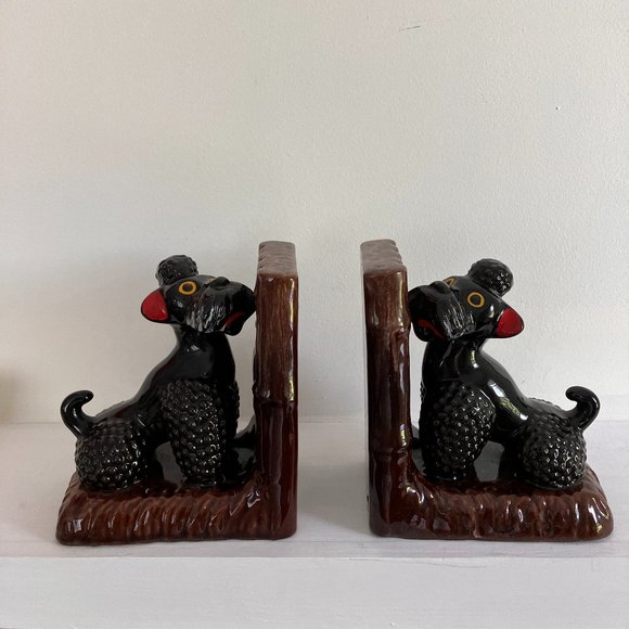 Vintage Black Poodle Bookends 1950's - MCM Kitsch High Gloss Poodles - Picture 12 of 14
